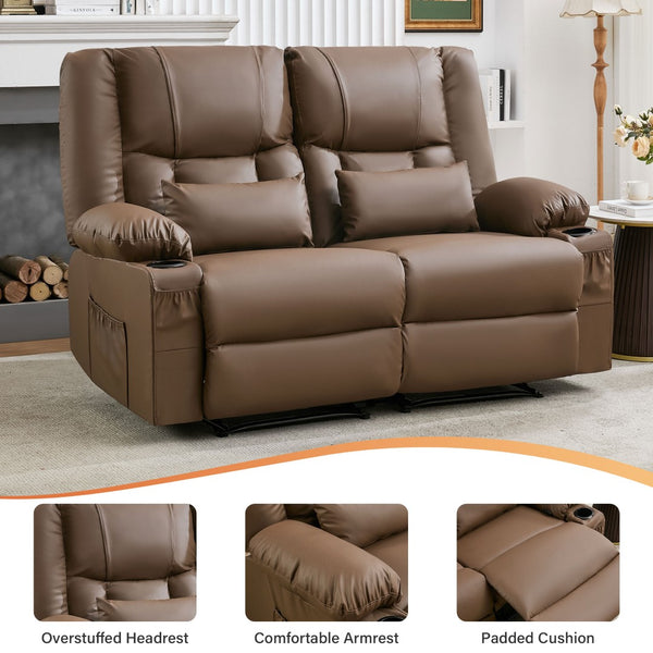 English Elm Recliner Loveseat with Massage Heat Pu Leather Dual Seating and Usb Charging Ports Brown W1521S00083