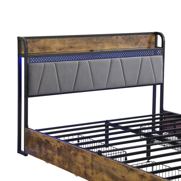 English Elm Queen Storage Bed Frame with Headboard USB Outlets, RGB LED Lights, 4 Rolling Drawers, Sturdy Metal Slats W2297P218132