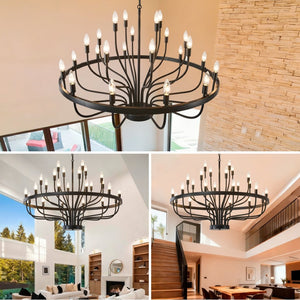 English Elm Industrial Black Metal 24 Arm Candelabra Chandelier for Dining Room or Vaulted Space W2991P406719