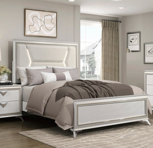 English Elm 1pc Chenille Upholstered Queen Headboard with LED Lighting, Modern Luxury Bed Frame in Antique White Gold Finish B011S01547