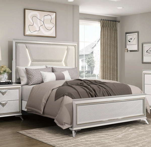 English Elm 1pc Chenille Upholstered Queen Headboard with LED Lighting, Modern Luxury Bed Frame in Antique White Gold Finish B011S01547