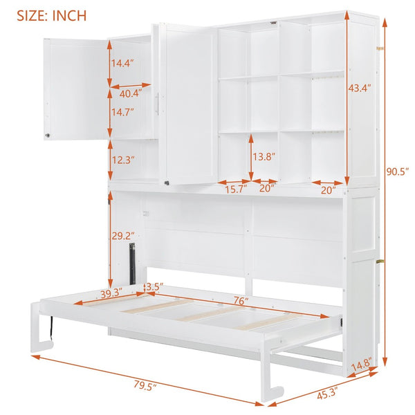 English Elm Twin Murphy Bed with Cabinet Shelves Built in Lighting Usb Ports Space Saving Wall Unit White LP000389AAK-1