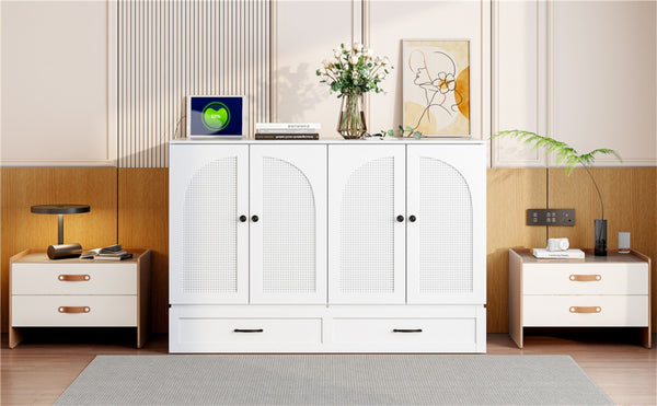 English Elm Full Size Murphy Bed Rattan Cabinet with Storage Drawers and Gold Hardware White N708S00009K