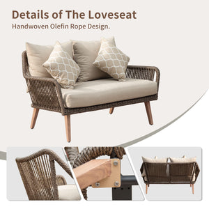 English Elm Patio Handwoven Rattan 4-Piece Conversation Set with Thick Cushions, Aluminum Frame, Khaki Weatherproof loveseat and table W1859S00086