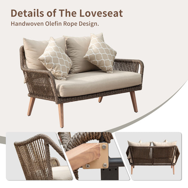 English Elm Patio Handwoven Rattan 4-Piece Conversation Set with Thick Cushions, Aluminum Frame, Khaki Weatherproof loveseat and table W1859S00086