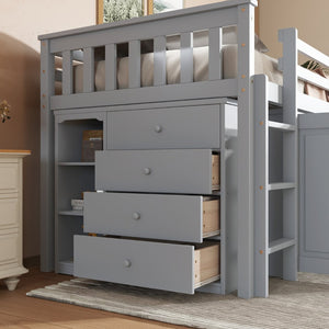 English Elm Twin Loft Bed Rubberwood Frame Pull Out Desk Storage Cabinet and Shelf Kids Room Grey W504S00287
