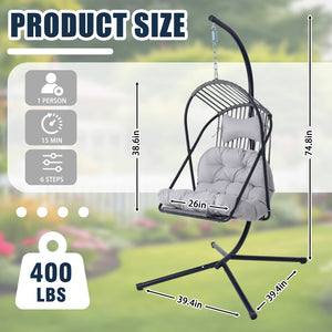 English Elm Hanging Egg Chair with Freestanding Steel Stand Rattan Cocoon Seat for Patio Balcony Black+Gery T5880P494885