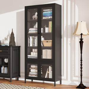 English Elm Large Metal Storage Cabinet with 4 Tempered Glass Doors, 5 Adjustable Shelves, Rust‑Resistant Steel, Black — Stylish Display & Secure Home Office Storage W2378P176271