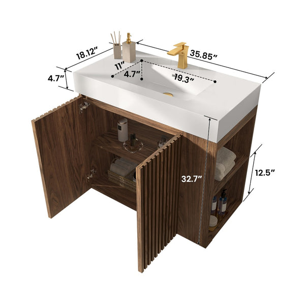 English Elm Galan Freestanding Bathroom Vanity Quartz Basin Fluted Wood Cabinet Modern Bath Walnut Brown W1865S00220