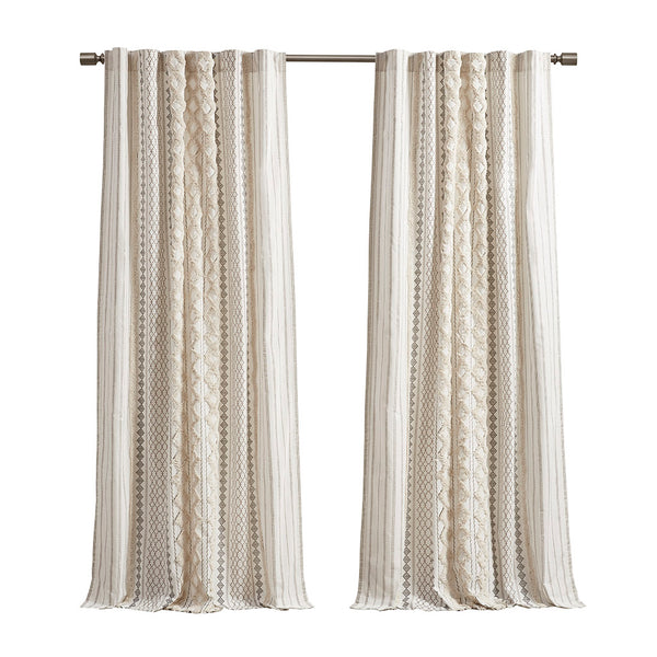 JLA Home INK+IVY - Cotton Geometric Printed Curtain Panel with Tufted Chenille Stripe Trim and Lined Privacy Drapes Ivory II40-1292