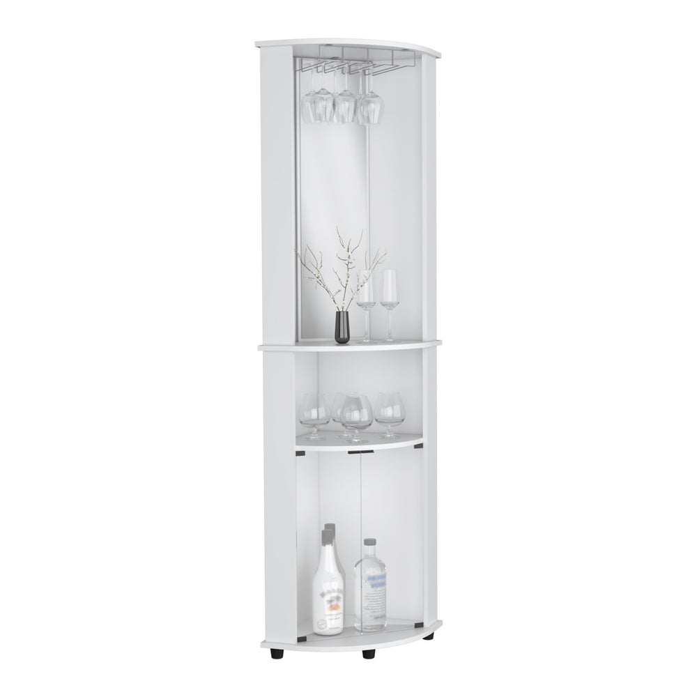 English Elm Corner Corner Bar Cabinet Unit with Wine Glass Rack, Mirrored Center, 3-Tier Storage & Lower Glass Doors B097P221375