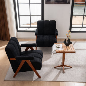 English Elm Mid-century Modern Chenille Lounge Chair Set Oak Frame Cloud Silhouette Living Room Black W1170S00051