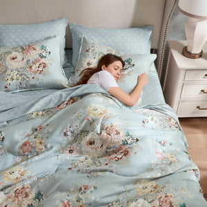 JLA Home Madison Park Essentials - 7 Vintage-Inspired Floral Bedding Collection — Reversible Comforter Set with Silky Microfiber, Romantic Elegance Soft Blue MPE10-1192