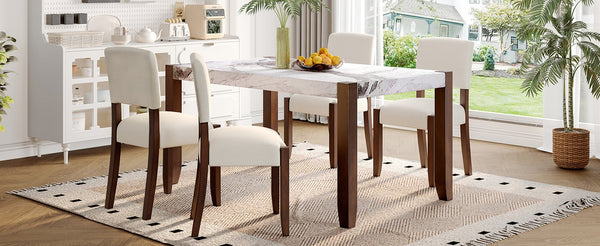 English Elm 5-Piece Counter Height Dining Set with Faux Marble Top and Upholstered Seats, Mid-Century Pub Charm Beige+Brown,White N752S000885K