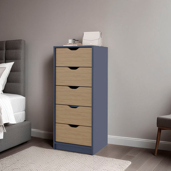 English Elm Kronos Five-Drawer Dresser in Blue & Natural Oak — Modern Storage, Spacious Drawers, Sleek Bedroom Accent B062P402106