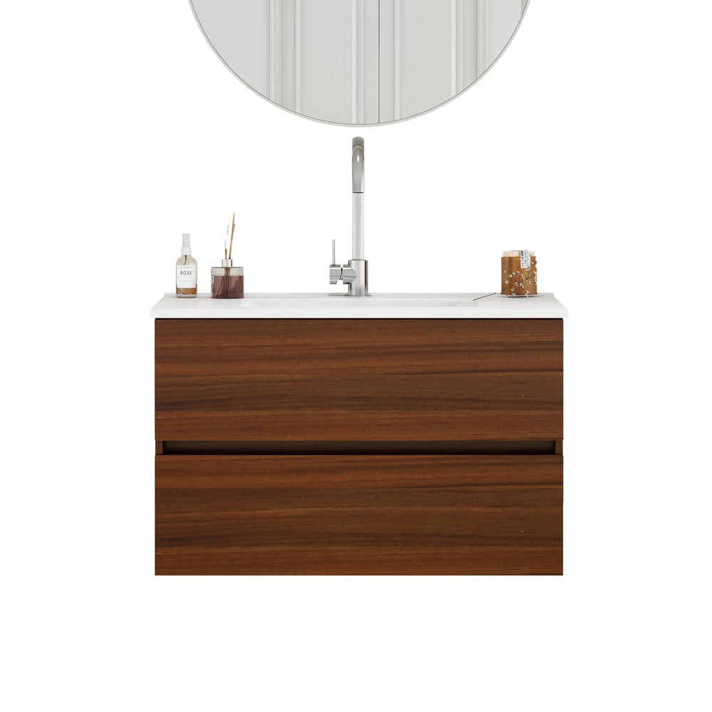 English Elm 32-Inch Wall-Mounted Bathroom Vanity With Soft-Close Drawers, Ceramic Sink, Walnut Finish, Easy Install W3151S00040