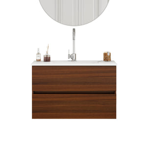 English Elm 32-Inch Wall-Mounted Bathroom Vanity With Soft-Close Drawers, Ceramic Sink, Walnut Finish, Easy Install W3151S00040