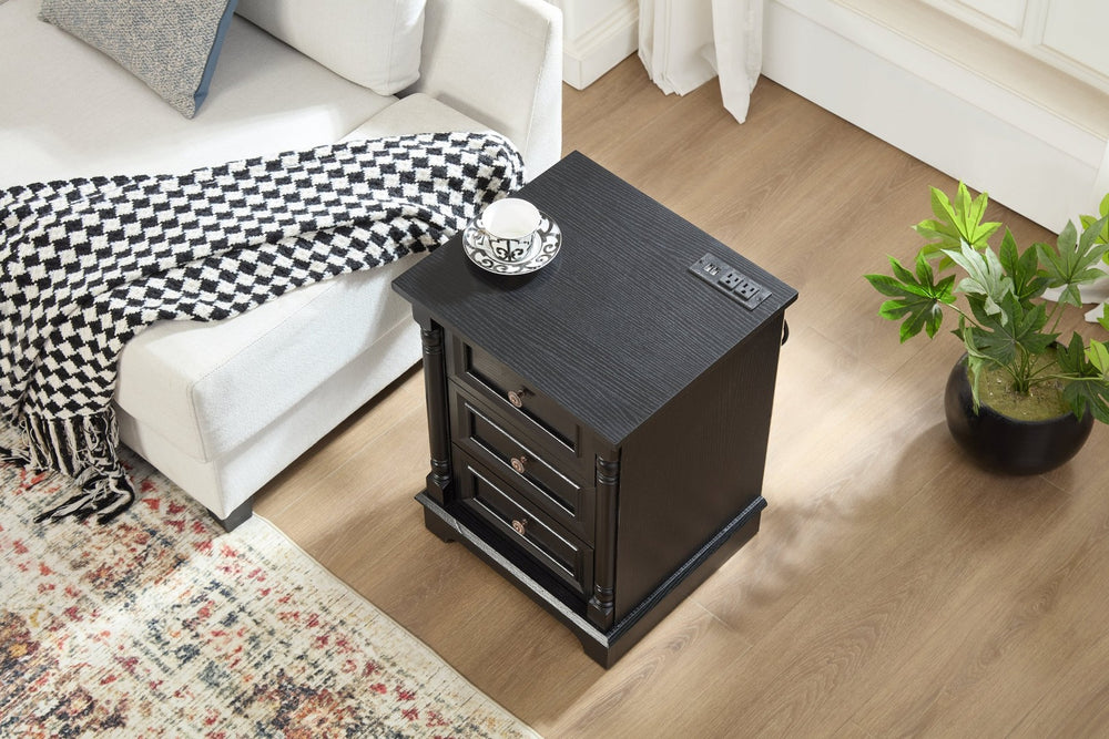 English Elm Farmhouse Rustic Nightstand with Built-in Charging Station Barn Wood Grain Storage Black W2393P324459