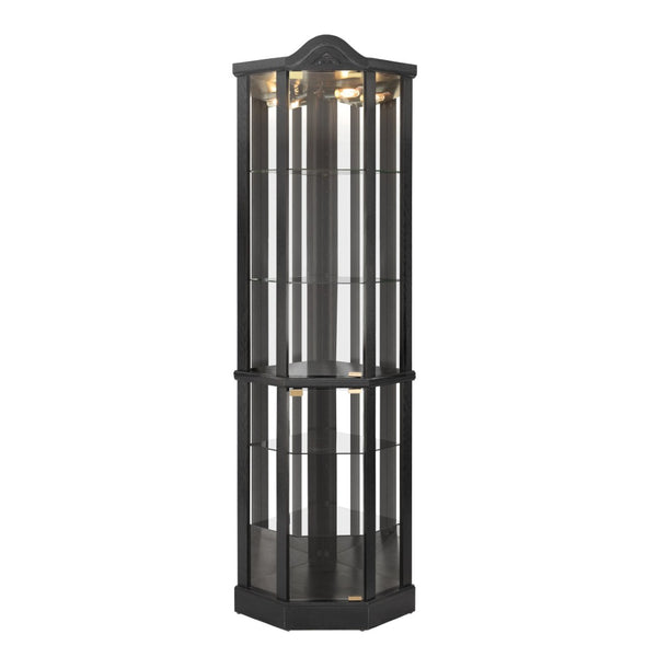 English Elm Glass Corner Curio Cabinet Lighted Dark Wood Display with Carved Crown Floral Detail W2275P292646