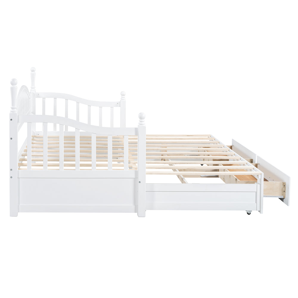 English Elm Wooden Twin Daybed with Trundle and Two Storage Drawers, Solid MDF Frame, Guardrails for Safety and Style White 43.5 L x 24.75 W x 6 H N733S173459K