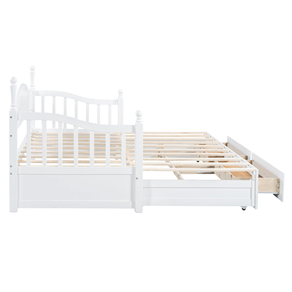 English Elm Wooden Twin Daybed with Trundle and Two Storage Drawers, Solid MDF Frame, Guardrails for Safety and Style White 43.5 L x 24.75 W x 6 H N733S173459K