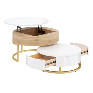English Elm Modern Round Lift-Top Nesting Coffee Tables with Drawers, White & Natural — Stylish Space-Saving Duo CH338993AAK