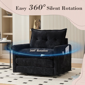 English Elm UNITED Swivel Barrel Chair with Chenille Upholstery, 360° Smooth Rotation, Padded Arm Comfort and Side Pockets for Living Room Relaxation Black W1568P290088