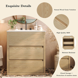 English Elm Christopher Knight Home® - 60" Double Sinks Bathroom Vanity Set with Two Ceramic Basins, Soft-Close Drawers, Sleek Handle-Free Design Natural Wood N817P280550N