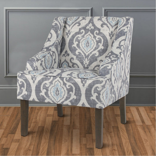 English Elm Fabric Upholstered Accent Chair with Damask Print Swooping Arms and Tapered Wood Legs B056P417119