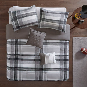 JLA Home Intelligent Design - Plaid ultra-soft microfiber comforter set with hand-drawn black & grey plaid, solid reverse, pillows and antimicrobial freshness protection 90 L x 68 W x 1H ID10-1329