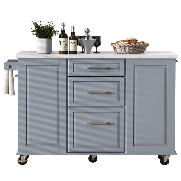 English Elm K&K Vintage Convex Kitchen Island Cart with Faux Marble Top, Tilt Trash, Pull-Out Organizer, Wheels Grey+Blue N707P299008G