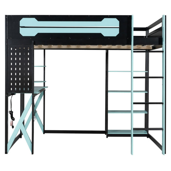 English Elm Full Size Loft Bed with Rgb Lighting Chevron Desk Usb Charging Ports and Storage Shelves Black+Blue LT000286AAC