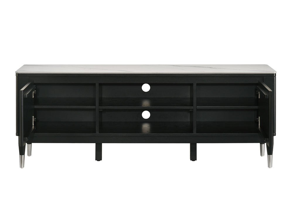 English Elm Contemporary Maidstone TV Console with Sintered Stone Top, Silver-Capped Arrow Legs, Open Storage Black,White 75 L x 21 W x 24 H B2741P402568