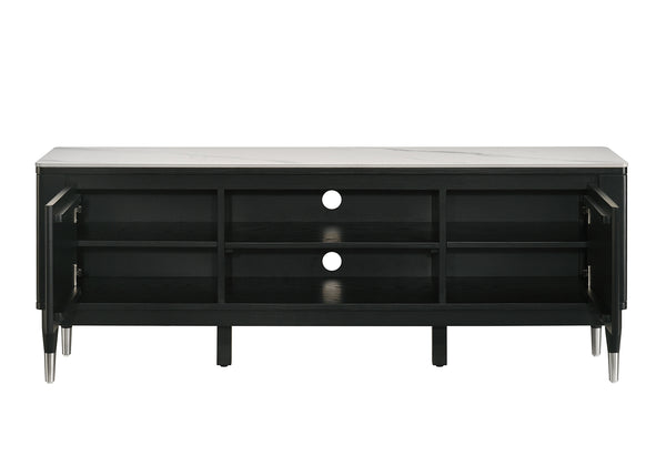 English Elm Contemporary Maidstone TV Console with Sintered Stone Top, Silver-Capped Arrow Legs, Open Storage Black,White 75 L x 21 W x 24 H B2741P402568
