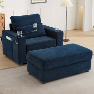 English Elm Modern Multifunctional Armchair with Chaise Lounge, Hidden Ottoman Storage, USB Ports & Cup Holders Blue N719P292700C