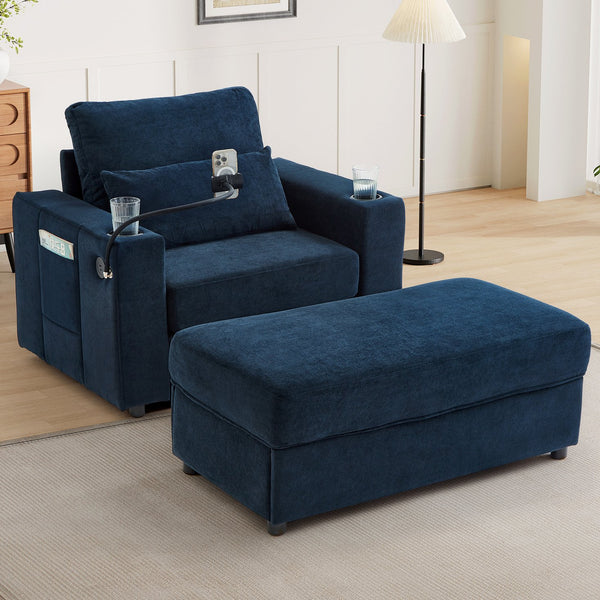 English Elm Modern Multifunctional Armchair with Chaise Lounge, Hidden Ottoman Storage, USB Ports & Cup Holders Blue N719P292700C