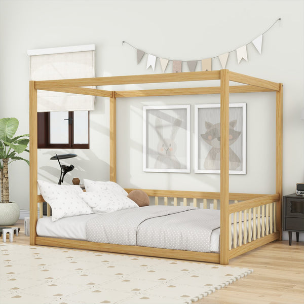 English Elm Full Size Canopy Floor Bed In Natural Rubberwood With Guardrails - Perfect For Kids' Imagination! W504P345756
