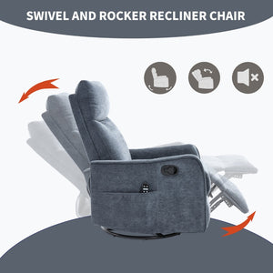 English Elm Blue Fabric Swivel Rocker Recliner with Massage Heat Nodes for Living Room Comfort Blue W1803P321823