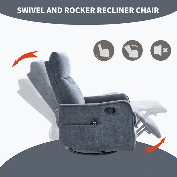 English Elm Blue Fabric Swivel Rocker Recliner with Massage Heat Nodes for Living Room Comfort Blue W1803P321823