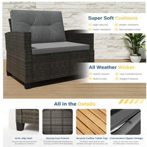 English Elm 4-piece Wicker Outdoor Conversation Set with Acacia Wood Table and Foam Cushions Grey+Brown B082S00062