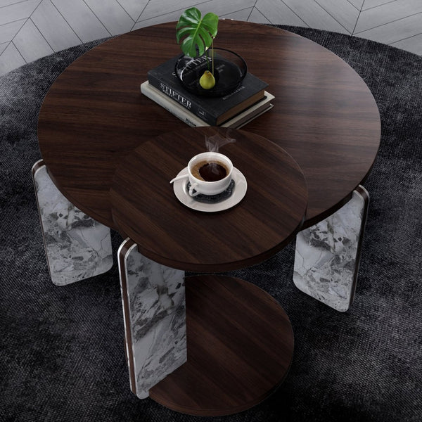 English Elm Set of 2 Round Sintered Stone Nesting Tables Sleek Modern Accent for Living Rooms W2899P405895
