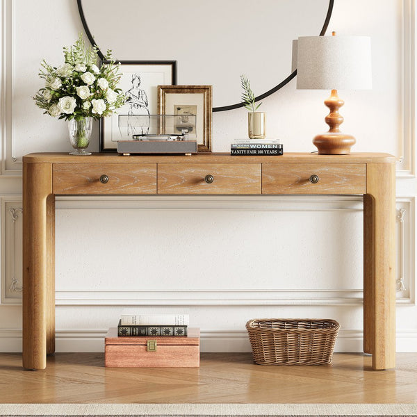 English Elm TREXM Rustic Console Table with Rounded Corners, 3 Concealed Drawers, Sturdy Thick Legs for Hallway Natural N715P361525N