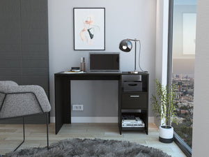 English Elm Omma Compact Computer Desk with Large Drawer & Two Shelves, Engineered Wood Black, 43.3"W Worksurface B070P188825