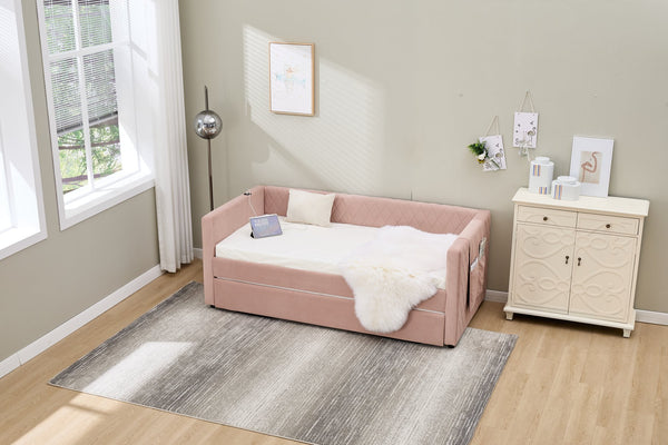 English Elm Pink velvet daybed with diamond-grid pull-out trundle, modern velvet MDF frame, twin size elegance and extra sleep space W1361S00030