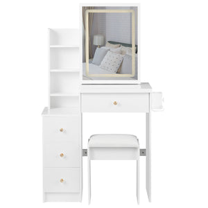 English Elm 29.2" Stylish Left Bedside Vanity Table Set With Led Mirror, Power Station & Cushioned Stool For Small Spaces W936P202468