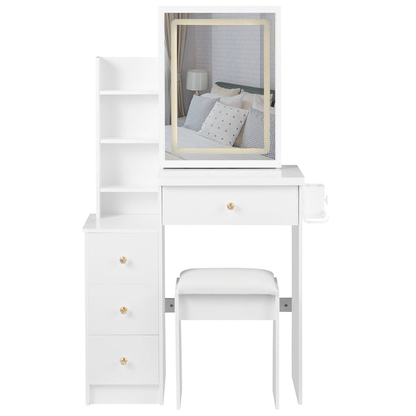 English Elm 29.2" Stylish Left Bedside Vanity Table Set With Led Mirror, Power Station & Cushioned Stool For Small Spaces W936P202468