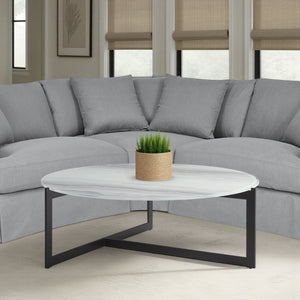 English Elm Krike Industrial Round Coffee Table Tempered Glass Top Steel Cross Leg Living Room Multicolor B2736S00026