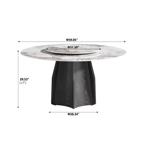 English Elm 59.05" Round Marble Dining Table With Lazy Susan, Black Oak Base, Seats 6-8, Elegant & Durable Design W1535S00460