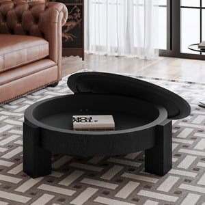 English Elm 33'' Round Coffee Table Parquet Veneer Flip Top Hidden Storage Wabi-sabi Living Room Black W1435P419322