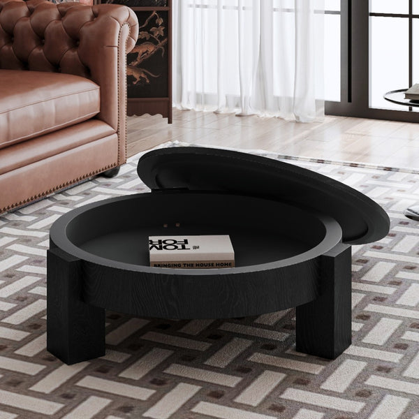 English Elm 33'' Round Coffee Table Parquet Veneer Flip Top Hidden Storage Wabi-sabi Living Room Black W1435P419322